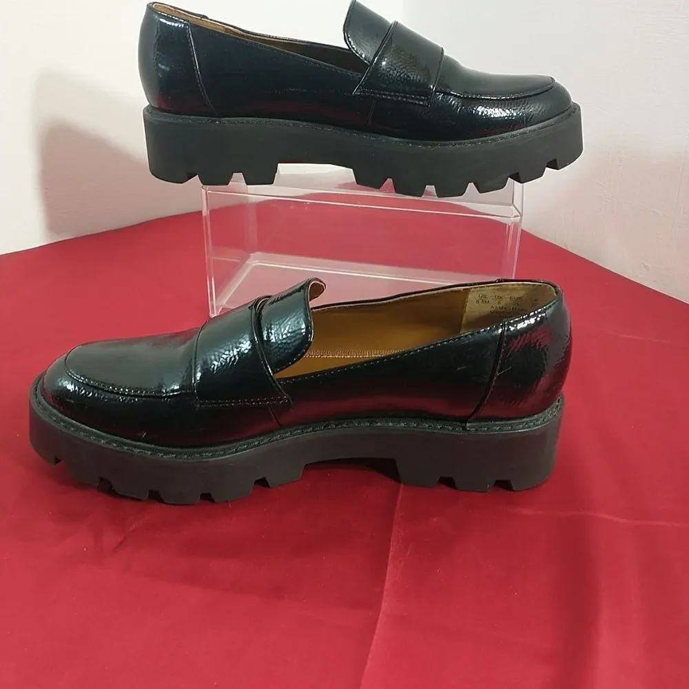 Franco Sarto Shoes Womens Size 8.5M Brindy Black Patent Leather Chunky Loafer.